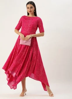 Pink Bandhani Printed Rayon Dress Festive Wear -Mahra Clothing Shop Pink Bandhani Printed Rayon Dress DRBS02302261 u
