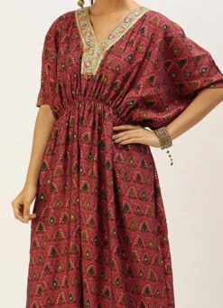 Teen Girls Pink Chanderi Art Silk Kaftan Gown Festive Wear