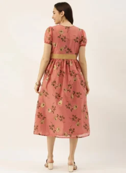 Pink Chanderi Silk Puff Sleeve Dress Festive Wear -Mahra Clothing Shop Pink Chanderi Silk Puff Sleeve Dress DRBS02012714 b
