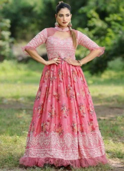 Teen Girls Pink Chinon Embroidered Gown Wedding Wear -Mahra Clothing Shop Pink Chinon Embroidered Gown IWBS02303927 u