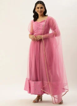 Teen Girls Pink Chinon Embroidered N Net Anarkali Suit Festive Wear -Mahra Clothing Shop Pink Chinon Embroidered N Net Anarkali Suit SLBS02304048 u 1