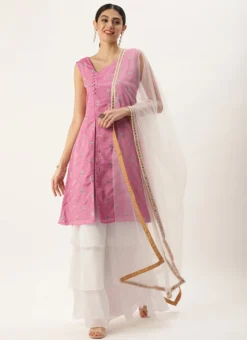 Teen Girls Pink Chinon Embroidered N White Sharara Suit Festive Wear -Mahra Clothing Shop Pink Chinon Embroidered N White Sharara Suit SLBS02210939 u 2