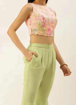 Teen Girls Pink Embroidered Crop Top N Gharara Bottom With Jacket Festive Wear