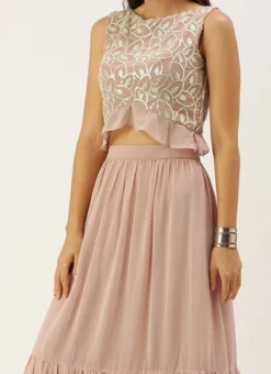 Teen Girls Pink Embroidered Crop Top N Skirt Party Wear