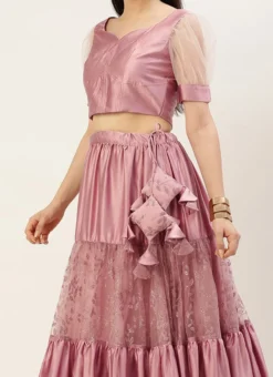 Teen Girls Pink Embroidered Gathered Net Lehenga Set Festive Wear
