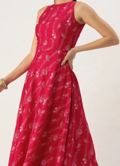 Teen Girls Pink Foil Print Art Silk Halter Neck Gown Party Wear