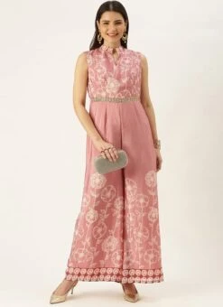 Pink Foil Print Chinon Jumpsuit Party Wear -Mahra Clothing Shop Pink Foil Print Chinon Jumpsuit DRBS02201207 u
