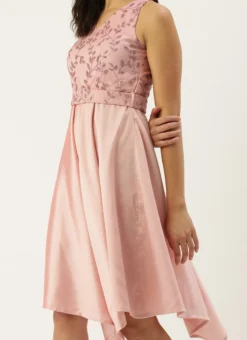 Pink Foil Printed Asymmetric Dress Festive Wear