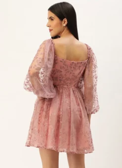 Pink Foil Printed Net Dress Party Wear -Mahra Clothing Shop Pink Foil Printed Net Dress DRBS02208554 b