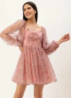 Pink Foil Printed Net Dress Party Wear -Mahra Clothing Shop Pink Foil Printed Net Dress DRBS02208554 u