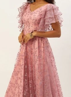 Teen Girls Pink Foil Printed Net Gown Party Wear