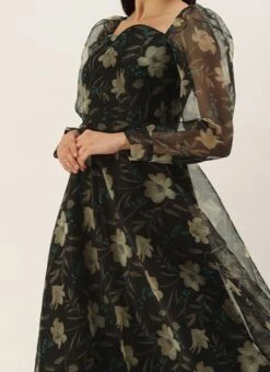 Black Printed Organza Maxi Dress Festive Wear