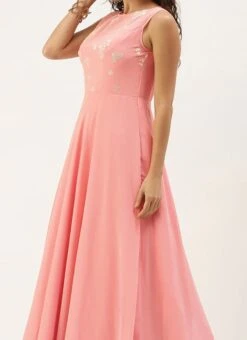 Teen Girls Pink Georgette Embroidered Boat Neck Gown Party Wear