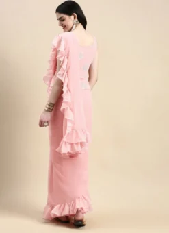 Teen Girls Pink Georgette Embroidered Saree Gown Festive Wear -Mahra Clothing Shop Pink Georgette Embroidered Draped Saree IWBS02209709 b