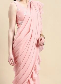 Teen Girls Pink Georgette Embroidered Saree Gown Festive Wear