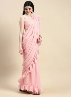 Teen Girls Pink Georgette Embroidered Saree Gown Festive Wear -Mahra Clothing Shop Pink Georgette Embroidered Draped Saree IWBS02209709 u