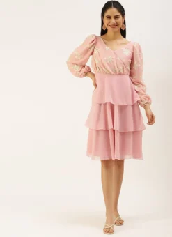 Pink Georgette Embroidered Layered Dress Party Wear -Mahra Clothing Shop Pink Georgette Embroidered Layered Dress DRBS02207310 u