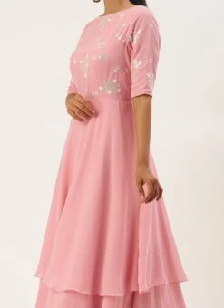 Teen Girls Pink Georgette Embroidered Layered Gown Festive Wear