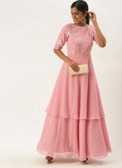Teen Girls Pink Georgette Embroidered Layered Gown Festive Wear -Mahra Clothing Shop Pink Georgette Embroidered Layered Gown IWBS02104243 u
