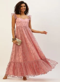 Pink Glitter Foil Tiered Gathers Dress Wedding Wear Party Wear -Mahra Clothing Shop Pink Glitter Foil Tiered Gathers Dress DRBS02209690 u