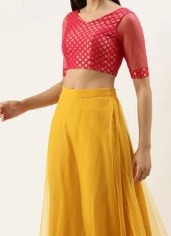 Teen Girls Pink Jacquard Art Silk N Yellow Net Lehenga Festive Wear