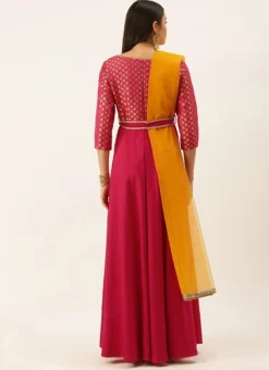 Teen Girls Pink Jacquard N Freesia Yellow Dupatta Style Gown Festive Wear -Mahra Clothing Shop Pink Jacquard N Freesia Yellow Dupatta Style Gown IWBS02201198 b