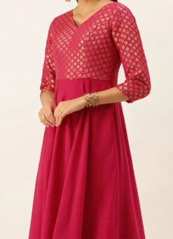 Teen Girls Pink Jacquard N Freesia Yellow Dupatta Style Gown Festive Wear