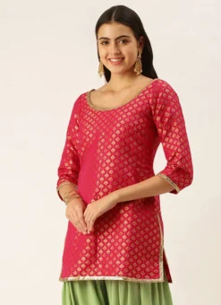 Pink Jacquard Round Neck Kurti Festive Wear -Mahra Clothing Shop Pink Jacquard Round Neck Kurti KRBS02307674 b