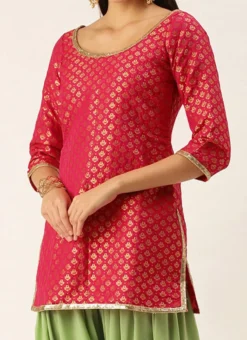 Pink Jacquard Round Neck Kurti Festive Wear