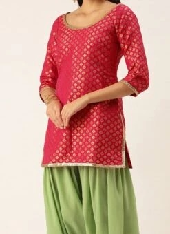 Teen Girls Pink Jacquard Top N Green Patiala Suit Party Wear
