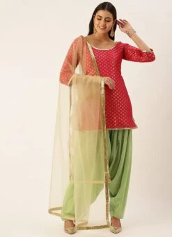 Teen Girls Pink Jacquard Top N Green Patiala Suit Party Wear -Mahra Clothing Shop Pink Jacquard Top N Green Patiala Suit SLBS02111122 u