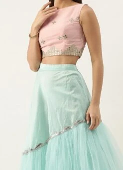 Teen Girls Pink N Blue Asymmetric Gathers Lehenga Set Festive Wear