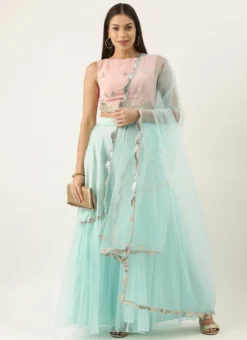 Teen Girls Pink N Blue Asymmetric Gathers Lehenga Set Festive Wear -Mahra Clothing Shop Pink N Blue Asymmetric Gathers Lehenga Set GHBS02202378 u