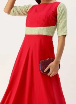 Teen Girls Pink N Green Embroidered Gown Festive Wear