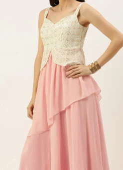 Teen Girls Pink N White Embroidered Georgette Gown Festive Wear