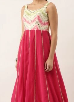 Teen Girls Pink N White Embroidered Kali Gown Festive Wear