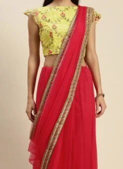 Teen Girls Pink N Yellow Embroidered Border Saree Festive Wear