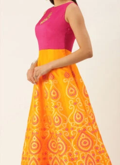 Teen Girls Pink N Yellow Jacquard Kali Style Gown Festive Wear