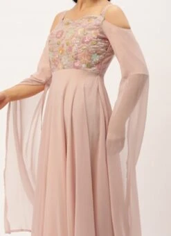 Teen Girls Pink Net Embroidered Cape Style Sleeve Gown Party Wear