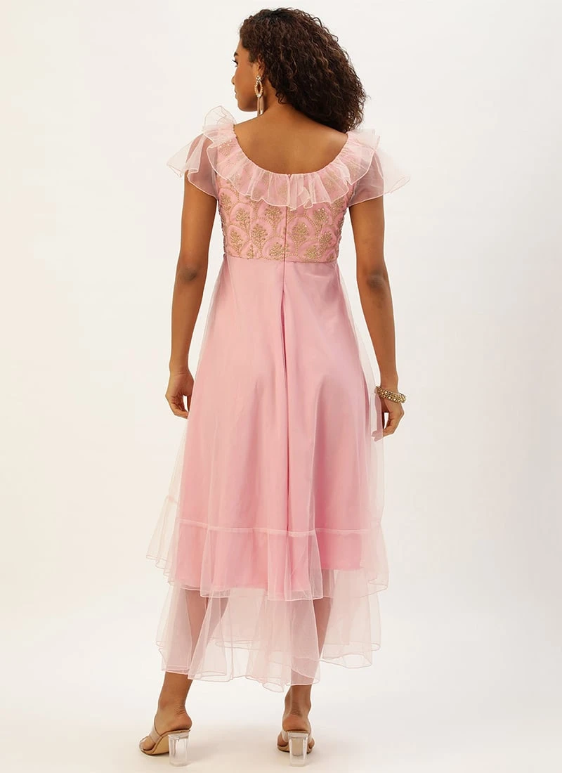 Teen Girls Pink Organza Embroidered Gown Party Wear 4 Teen Girls Pink Organza Embroidered Gown Party Wear - Image 4