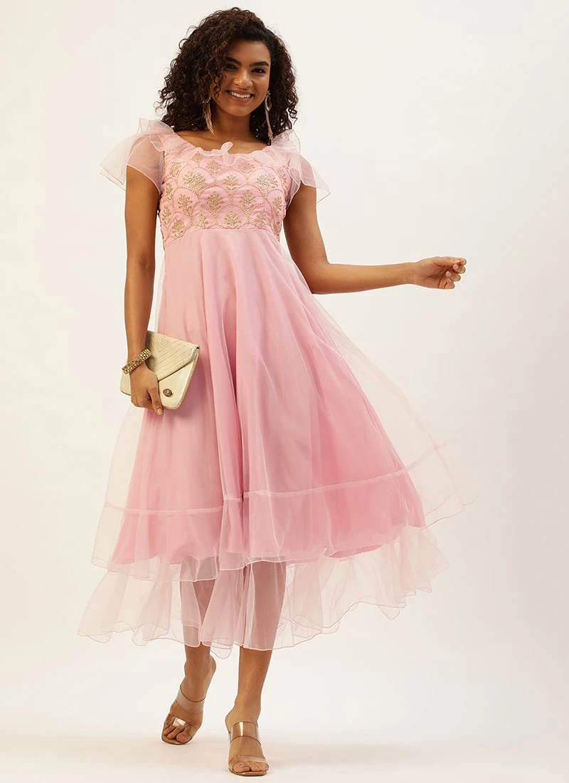 Teen Girls Pink Organza Embroidered Gown Party Wear 3 Teen Girls Pink Organza Embroidered Gown Party Wear - Image 3