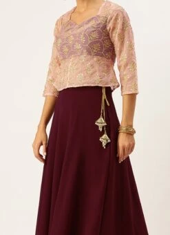 Teen Girls Pink Organza Embroidered N Burgundy Lehenga Party Wear