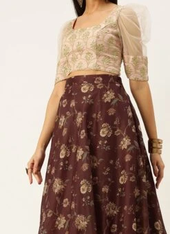 Teen Girls Pink Organza N Maroon Chanderi Lehenga Festive Wear