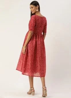 Pink Printed Cotton Gathered Calf Length Dress After Six Wear -Mahra Clothing Shop Pink Printed Cotton Gathered Calf Length Dress DRBS02106521 b