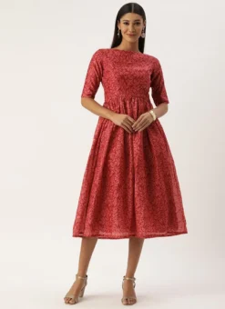 Pink Printed Cotton Gathered Calf Length Dress After Six Wear -Mahra Clothing Shop Pink Printed Cotton Gathered Calf Length Dress DRBS02106521 u