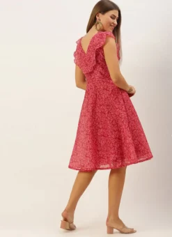 Pink Printed Cotton Knee Length Dress After Six Wear -Mahra Clothing Shop Pink Printed Cotton Knee Length Dress DRBS02105401 b