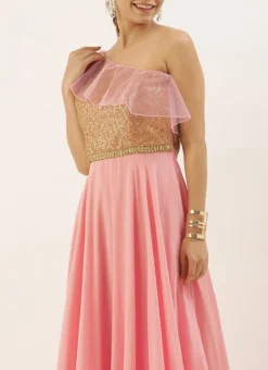 Pink Sequin Embroidered One Shoulder Gown Party Wear