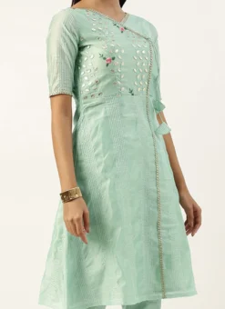 Teen Girls Pista Green Chanderi Straight Kurta Set Festive Wear