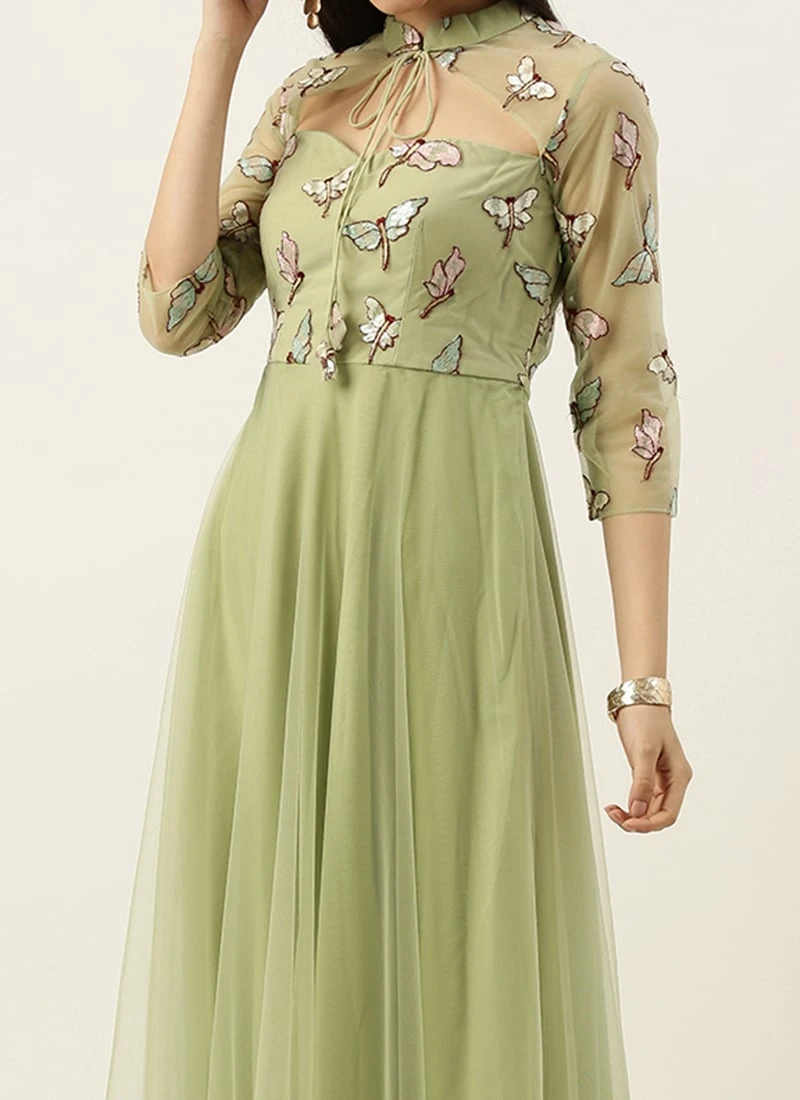 Teen Girls Pista Green Embroidered Gown Party Wear 1 Teen Girls Pista Green Embroidered Gown Party Wear