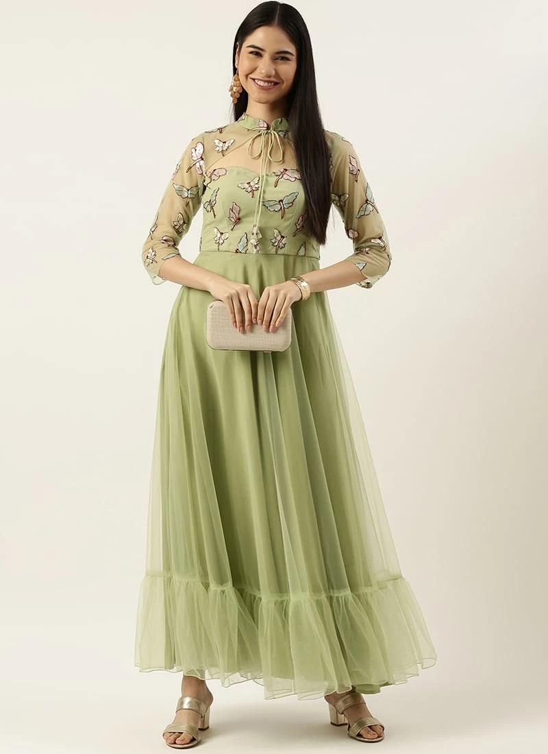 Teen Girls Pista Green Embroidered Gown Party Wear 3 Teen Girls Pista Green Embroidered Gown Party Wear - Image 3